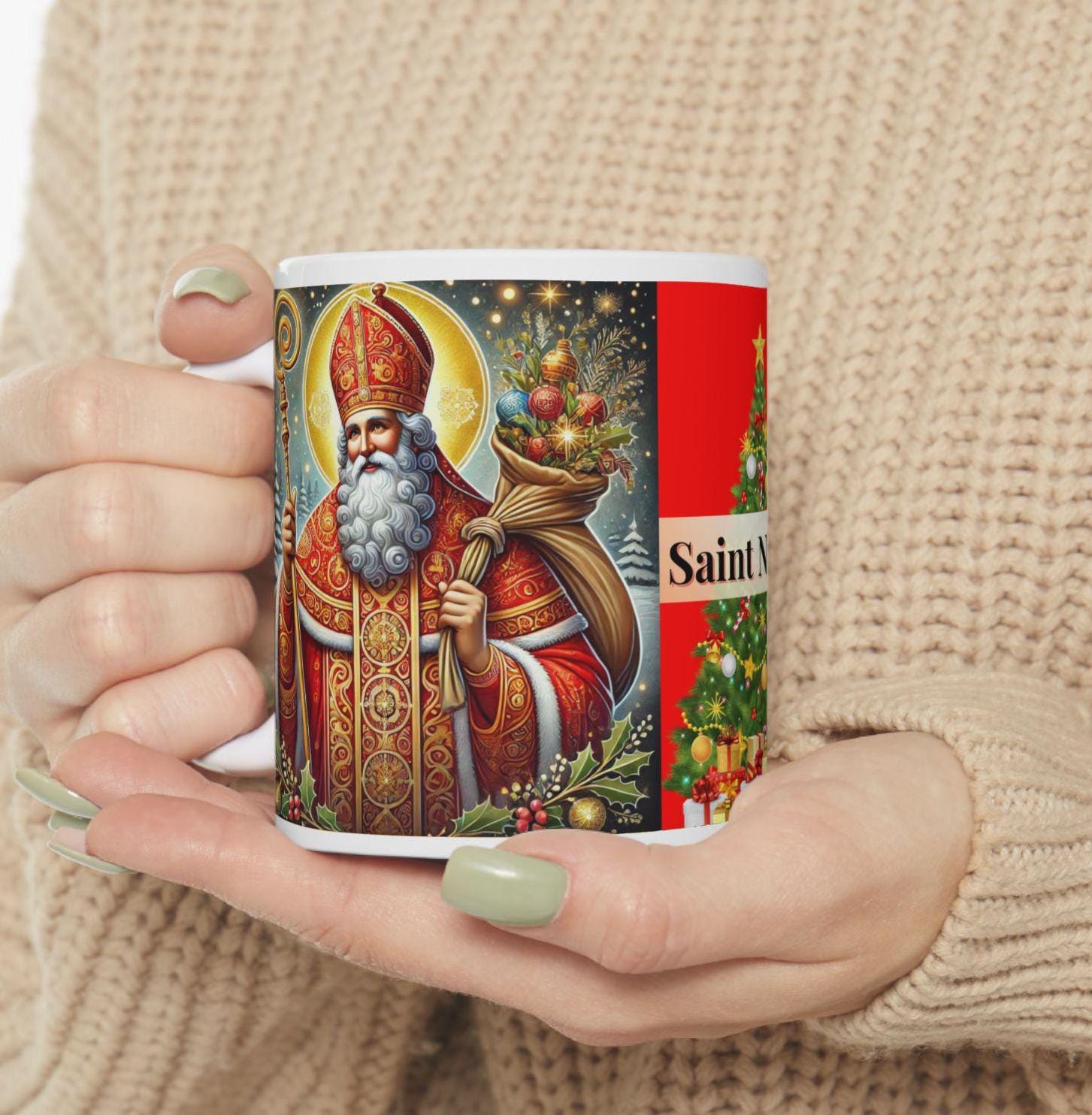 Orthodox Christian ceramic mug featuring a vibrant St. Nicholas design. Perfect for coffee, tea, or as a meaningful gift for Christmas, baptisms, and name days. 11oz white ceramic mug with a durable AAA+ ORCA coating, microwave- and dishwasher-safe
