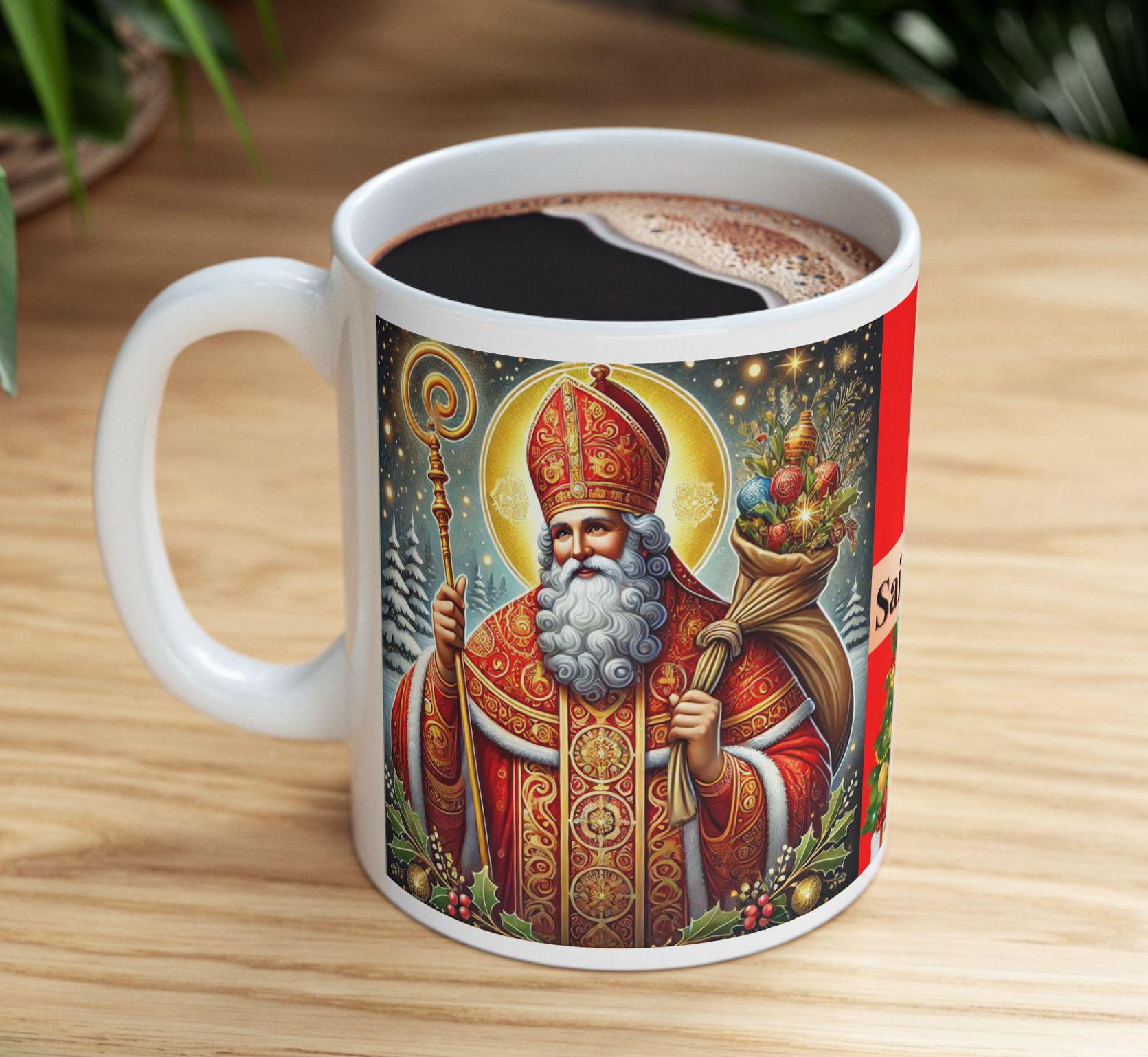 Orthodox Christian ceramic mug featuring a vibrant St. Nicholas design. Perfect for coffee, tea, or as a meaningful gift for Christmas, baptisms, and name days. 11oz white ceramic mug with a durable AAA+ ORCA coating, microwave- and dishwasher-safe