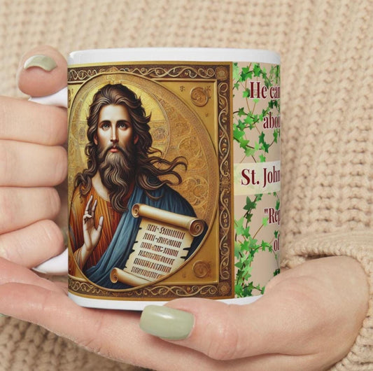 Orthodox Christian 11oz ceramic mug with a vibrant St. John the Baptist design. Durable, microwave- and dishwasher-safe, perfect for coffee or tea. Ideal for baptisms, name days, or as a meaningful gift for any religious occasion