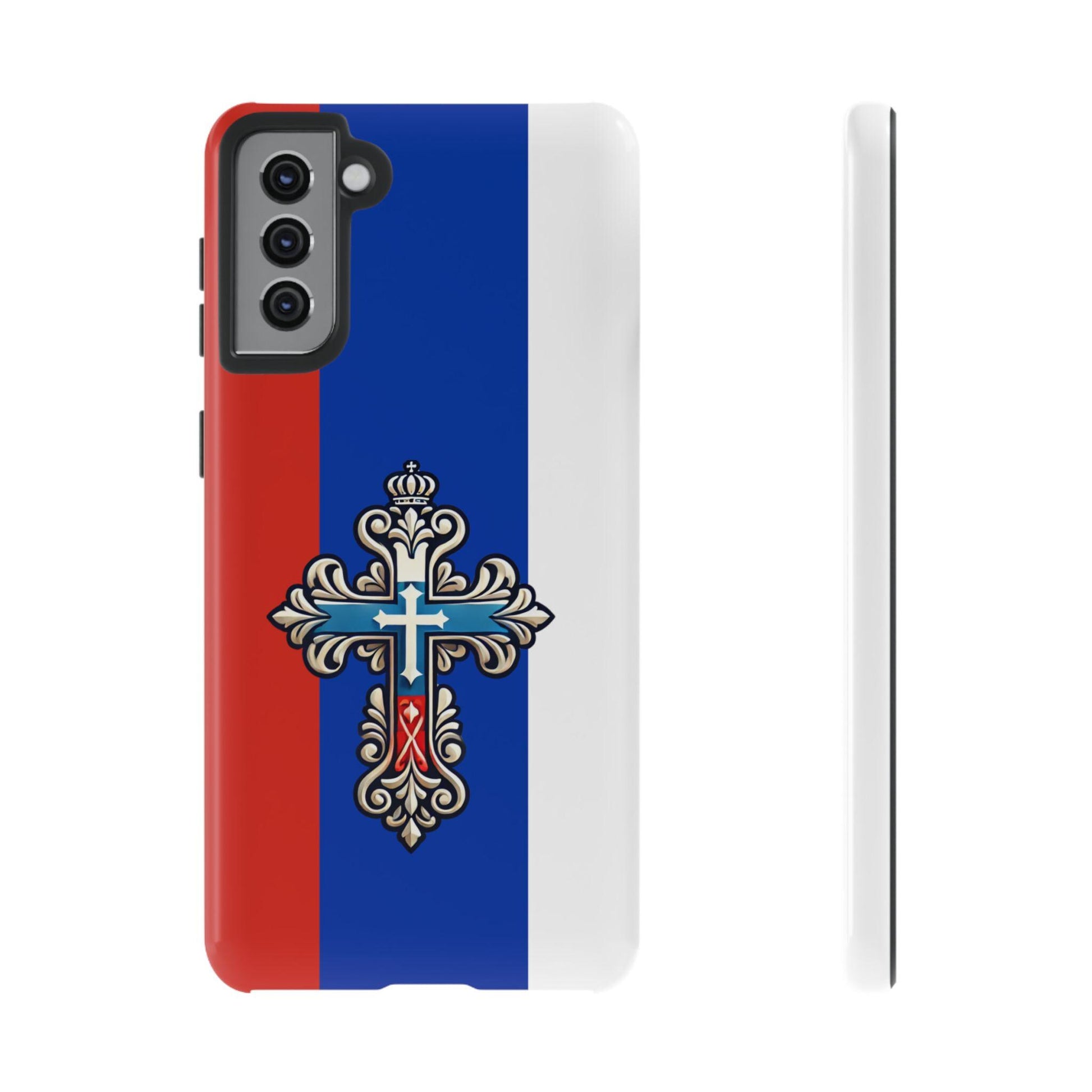 Showcase your Russian Orthodox faith with this premium phone case featuring a Russian Orthodox Cross in white, blue, and red. Made with polycarbonate & TPU, it’s durable, shock-absorbent, and wireless charging compatible.