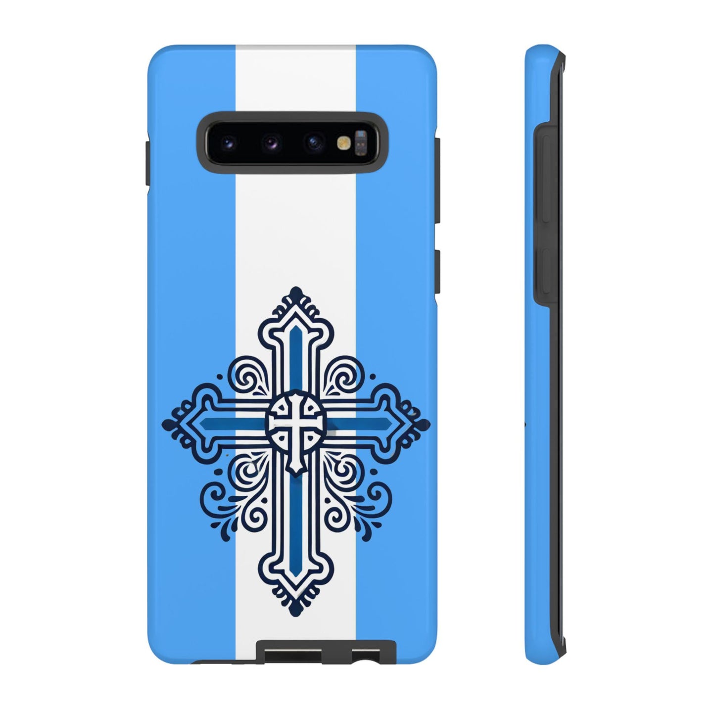 Showcase your Greek Orthodox faith with this premium phone case featuring a Greek Orthodox Cross in blue and white. Made with polycarbonate & TPU, it’s durable, shock-absorbent, and wireless charging compatible.