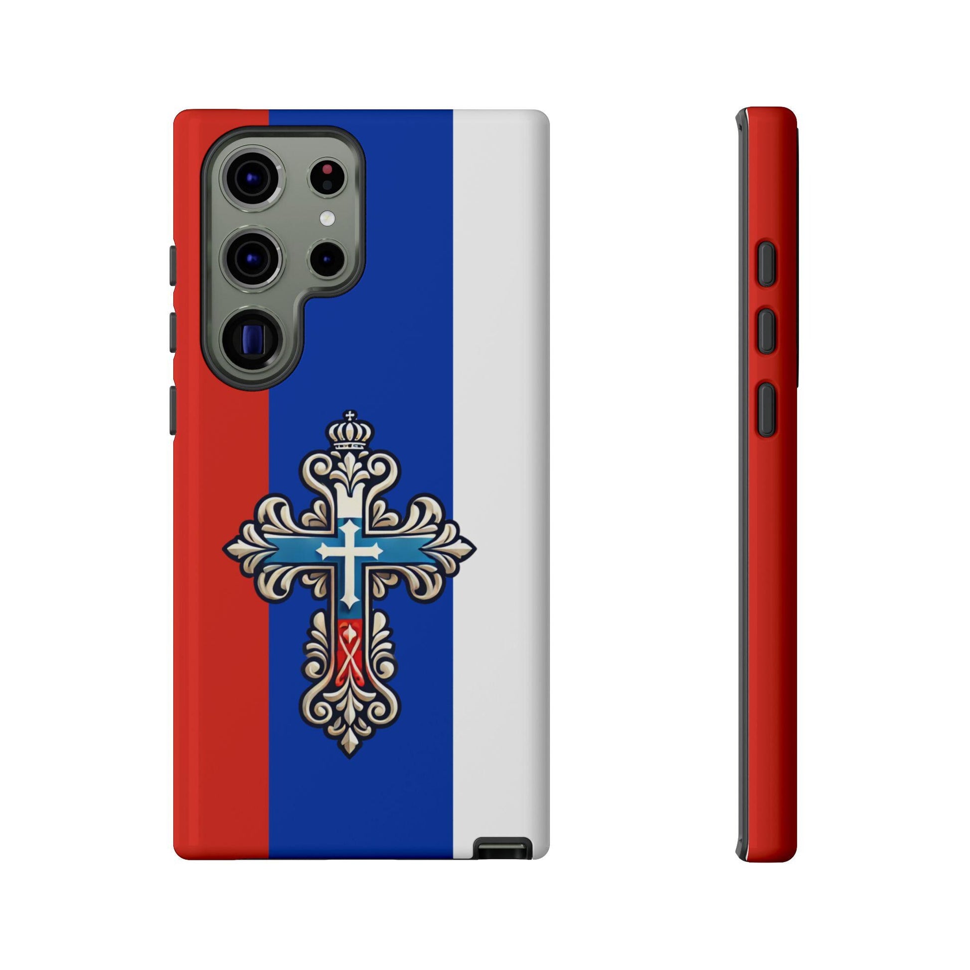Showcase your Russian Orthodox faith with this premium phone case featuring a Russian Orthodox Cross in white, blue, and red. Made with polycarbonate & TPU, it’s durable, shock-absorbent, and wireless charging compatible.
